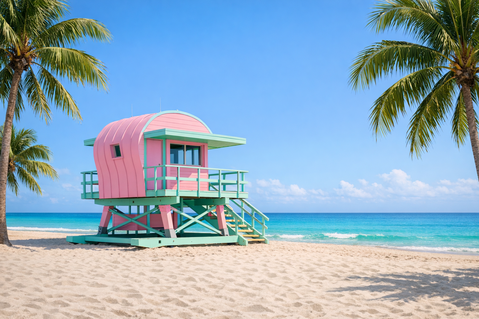 Pink and teal lifeguard tower on a sunny Miami beach